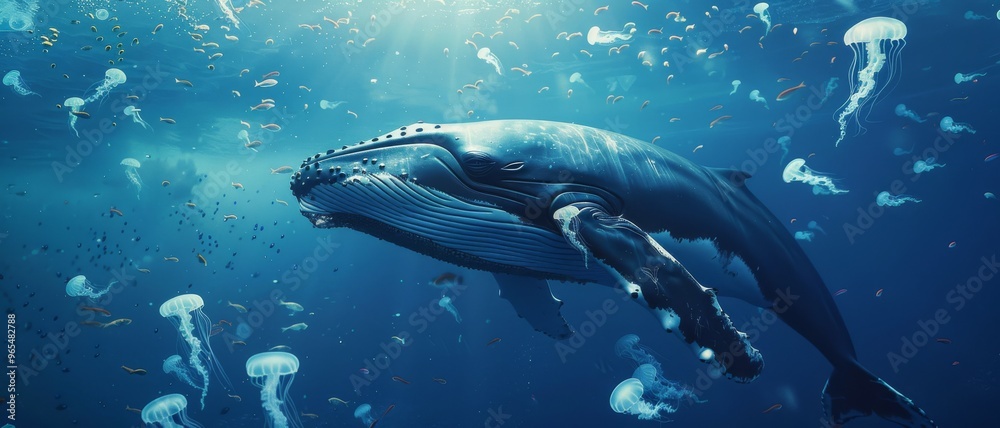 Fototapeta premium A majestic humpback whale glides through an ocean teeming with jellyfish, showcasing the wondrous life beneath the sea.