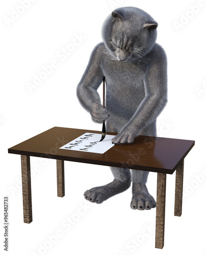 Gray anthropomorphic cat standing at a table and methodically writing Japanese katakana characters A. Isolated 3d rendering. No AI used