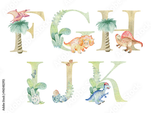 Vector watercolor dinosaurs letters for invitation card, nursery poster and other.