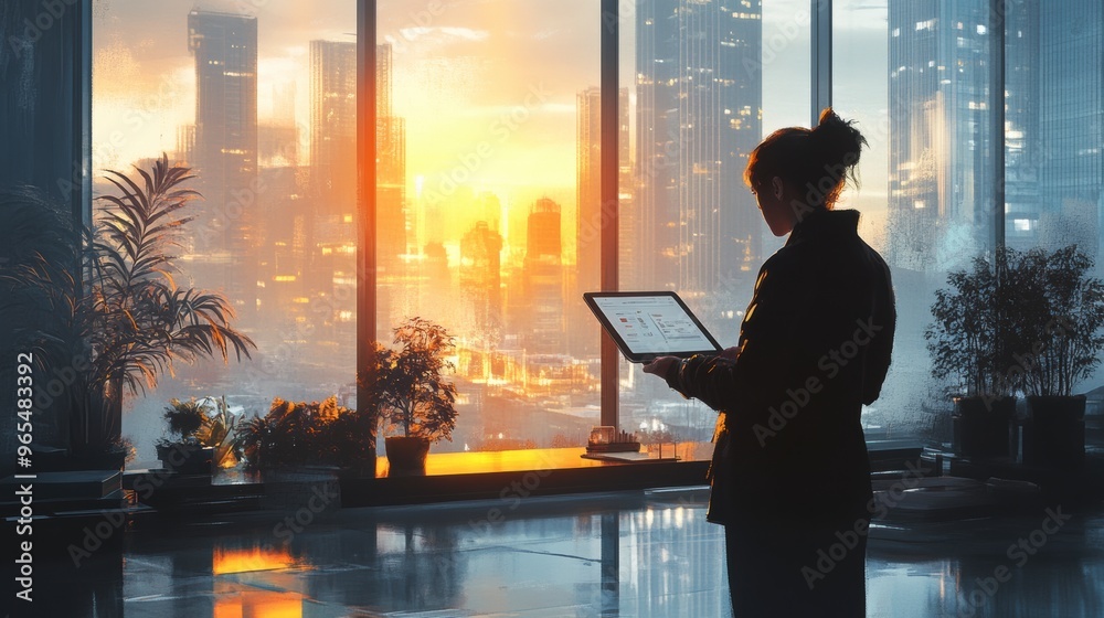 Businesswoman working on a tablet in modern office with city skyline view at sunset Businesswoman working on a tablet in modern office with city skyline view at sunset