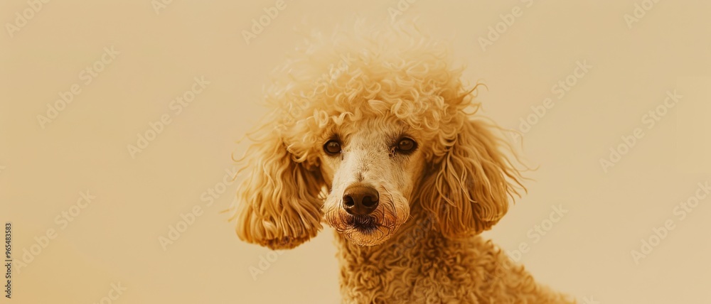 A closely-cropped portrait shows a golden-haired poodle with an attentive and gentle expression, set against a soft, neutral background. A closely-cropped portrait shows a golden-haired poodle with an attentive and gentle expression, set against a soft, neutral background.