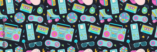 Seamless pattern colorful elements 80s 90s. Disco ball, sunglasses and roller skates, cassette. Vector background, print, wallpaper.