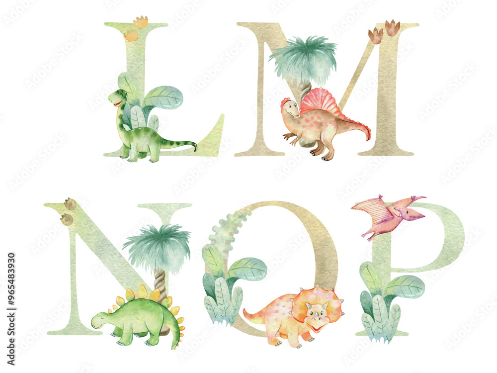 Obraz premium Vector watercolor dinosaurs letters for invitation card, nursery poster and other.