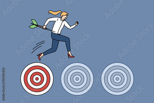 Purposeful woman shows ambition and motivation to achieve goals, jumping on dartboards. Purposeful female manager overcomes difficulties along way, moving forward along career ladder