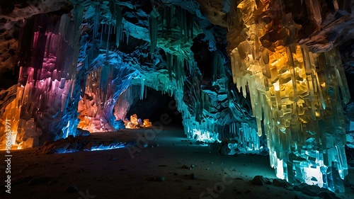 Shimmering crystal caves. Massive crystals jut out from cave walls, reflecting light in all directions, creating a dazzling display of color. Realistic style. photo