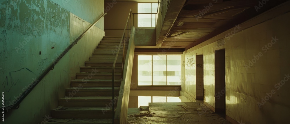 Fototapeta premium An abandoned stairwell bathed in eerie yellow light, desolate and forgotten, capturing the melancholic beauty of urban decay and lost times.