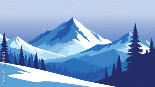 Winter landscape featuring snow covered trees and majestic mountains under a clear blue sky flat vector illustration.