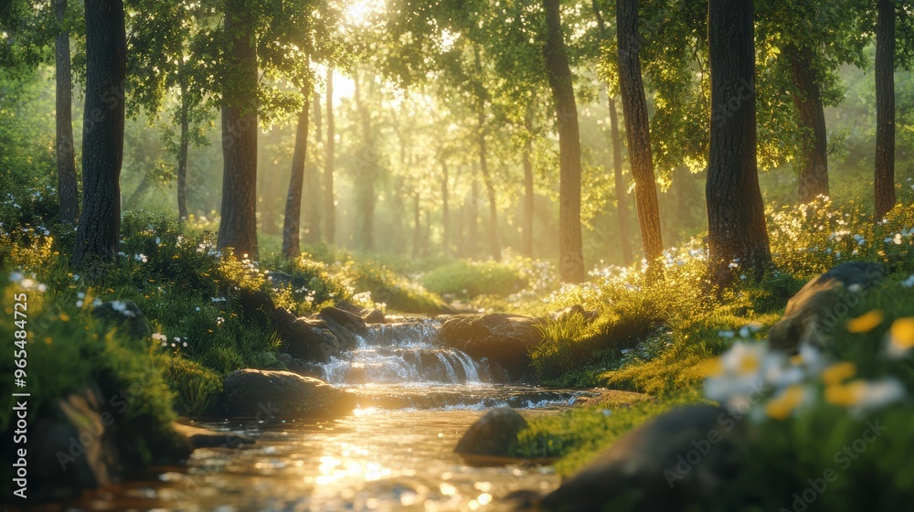 Sun shining through trees on flowing creek in lush green forest Sun shining through trees on flowing creek in lush green forest