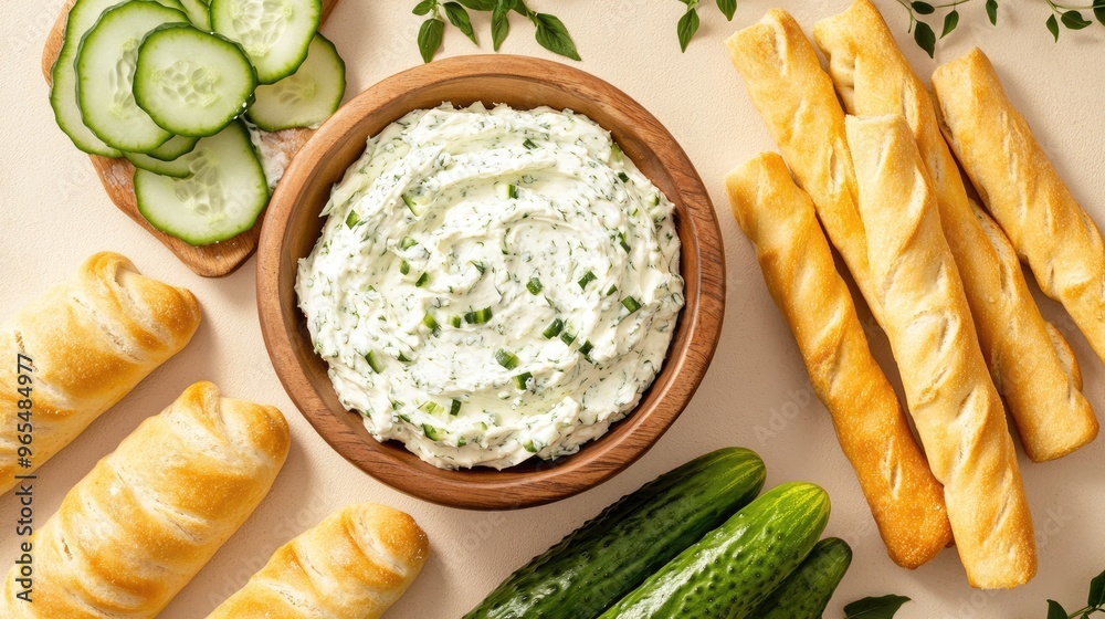 Fresh cucumber slices and a creamy spread sit in a wooden bowl, accompanied by crunchy French bread sticks on a light kitchen table, perfect for a delightful snack or appetizer Fresh cucumber slices and a creamy spread sit in a wooden bowl, accompanied by crunchy French bread sticks on a light kitchen table, perfect for a delightful snack or appetizer