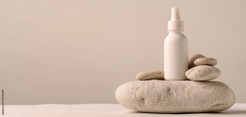 Minimalist skincare composition with a white spray bottle resting on smooth stones against a soft, neutral backdrop. Minimalist skincare composition with a white spray bottle resting on smooth stones against a soft, neutral backdrop.