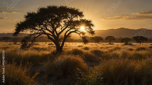 Sun-drenched savannas. Tall grasses sway in warm breeze under golden sunlight, acacia trees dotting the landscape. Realistic style. photo