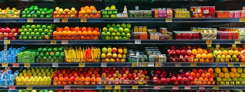 Supermarket display of fresh fruits and vegetables on shelves