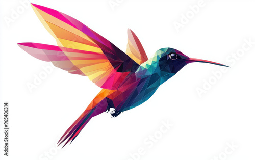 Vibrant geometric illustration of a hummingbird in flight with multicolored polygons on a white background. photo