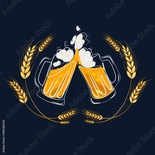 Two toasting beer mugs, Cheers,with spikelets . Hand drawn Clinking glass full of beer and splashed foam. Vector illustration with beer for decorating banners, posters, advertisements, packaging