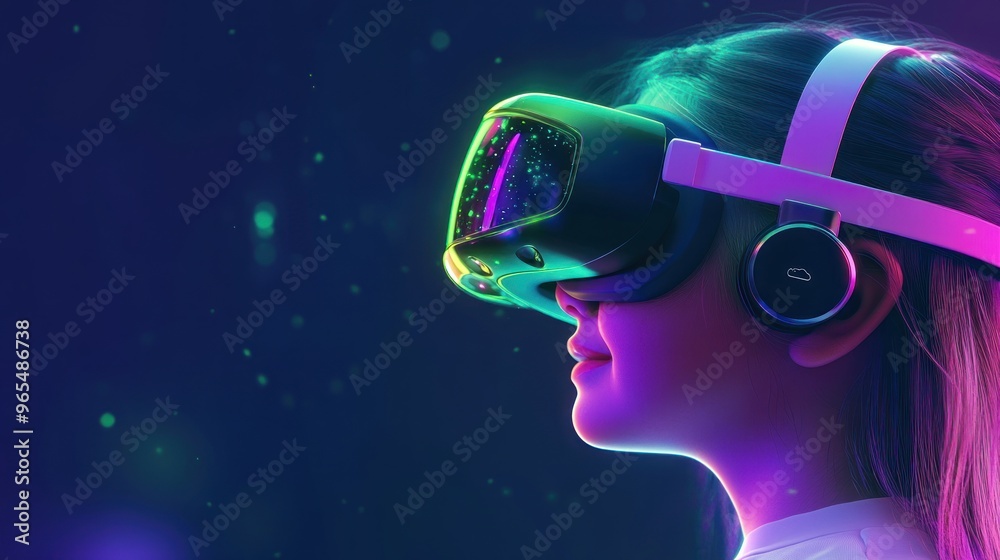 Young woman wearing a virtual reality headset and experiencing the metaverse.