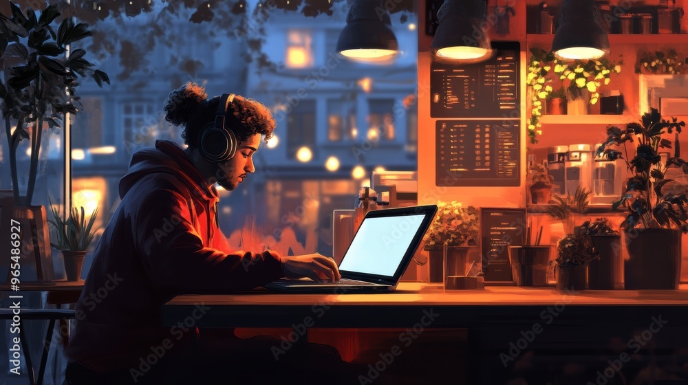 Focused young developer working on laptop in a cozy coffee shop at night Focused young developer working on laptop in a cozy coffee shop at night