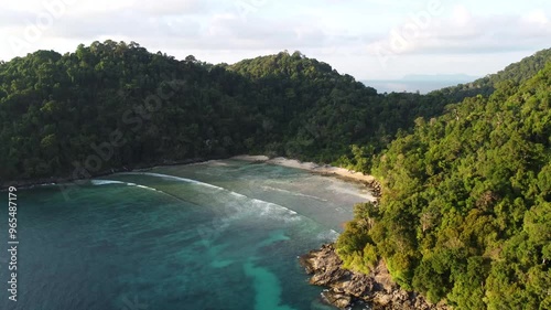 Aerial landscape view of Andaman Sea at Surin National Park a tropical island in turquoise sea coral reefs, Phang-Nga, Thailand
