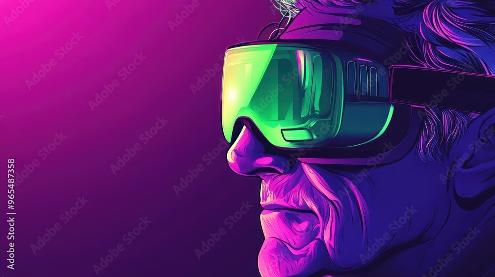A man wearing virtual reality goggles looks into the distance, illuminated by a colorful, vibrant neon light. A man wearing virtual reality goggles looks into the distance, illuminated by a colorful, vibrant neon light.