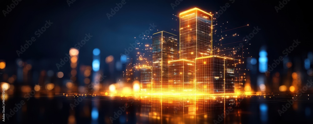 Obraz premium Illuminated city skyline with glowing skyscrapers in a futuristic design, showcasing technology and innovation.