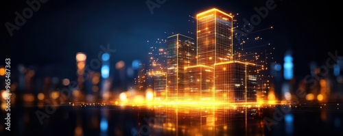 Illuminated city skyline with glowing skyscrapers in a futuristic design, showcasing technology and innovation.