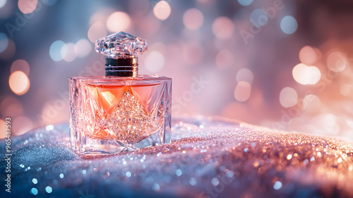 luxury perfume bottle, made of crystal, placed on a velvet surface with sparkles and soft light enhancing its glamorous appeal photo