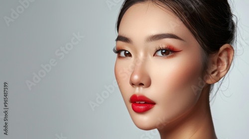 Elegant Asian woman with flawless makeup, glowing skin, and luxurious styling