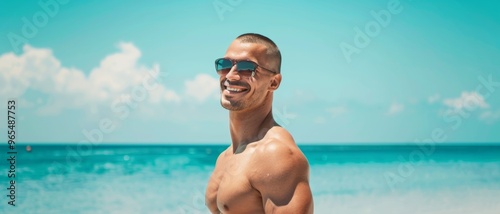 A smiling man enjoys a bright, sunny day at the beach, with the turquoise ocean in the background, perfectly capturing the essence of summer joy and relaxation.