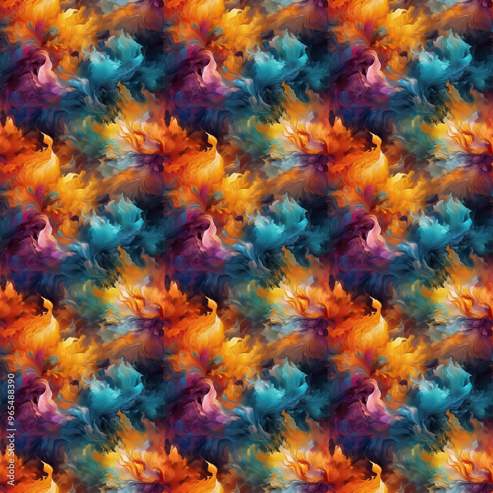Abstract painting with a vibrant repeatable pattern of swirling colors and brushstrokes.