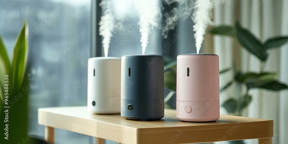 Three humidifiers on wooden table, emitting steam. Three humidifiers on wooden table, emitting steam.