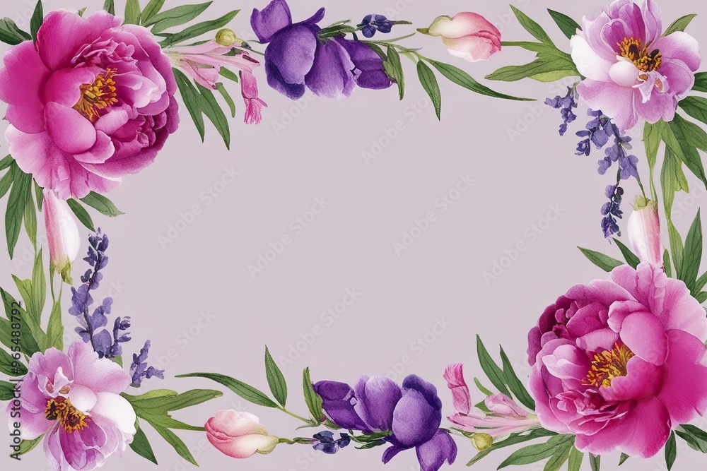 Fototapeta premium Stunning Watercolor Floral Border Featuring Peony and Snapdragon in Pink and Lavender for Elegant Botanical Get Well Cards