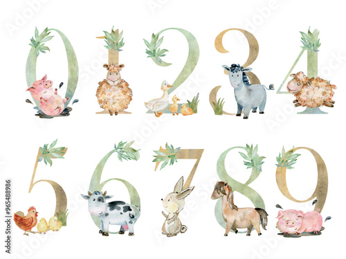 Vector watercolor farm animals numbers for invitation card, nursery poster and other.