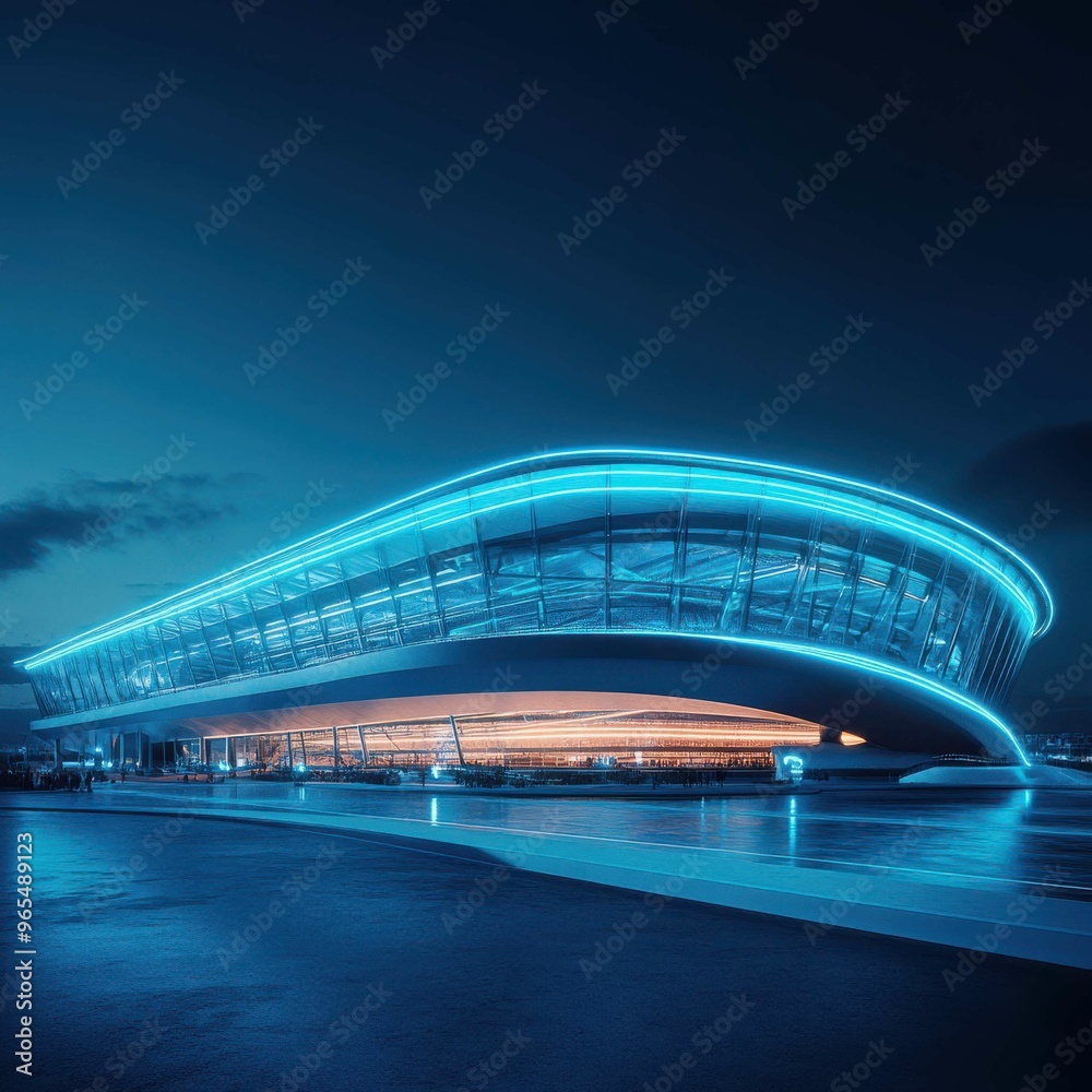 Obraz premium A modern architectural building illuminated by blue lights, showcasing innovative design and contemporary elegance at night.