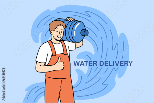 Water delivery man with large bottle on shoulder shows thumbs up and looks at screen. Happy courier from company delivering water enriched with vitamins and minerals that improve immunity