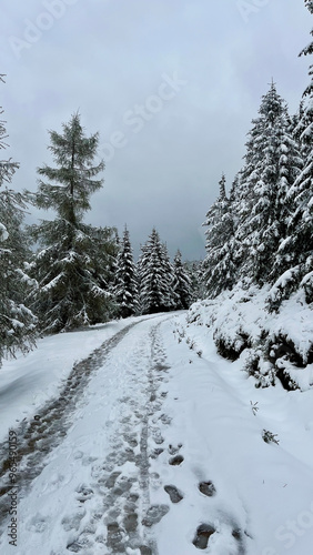 Jiezerskie Mountains in Poland. Low mountains covered with snow and forest. Landscape