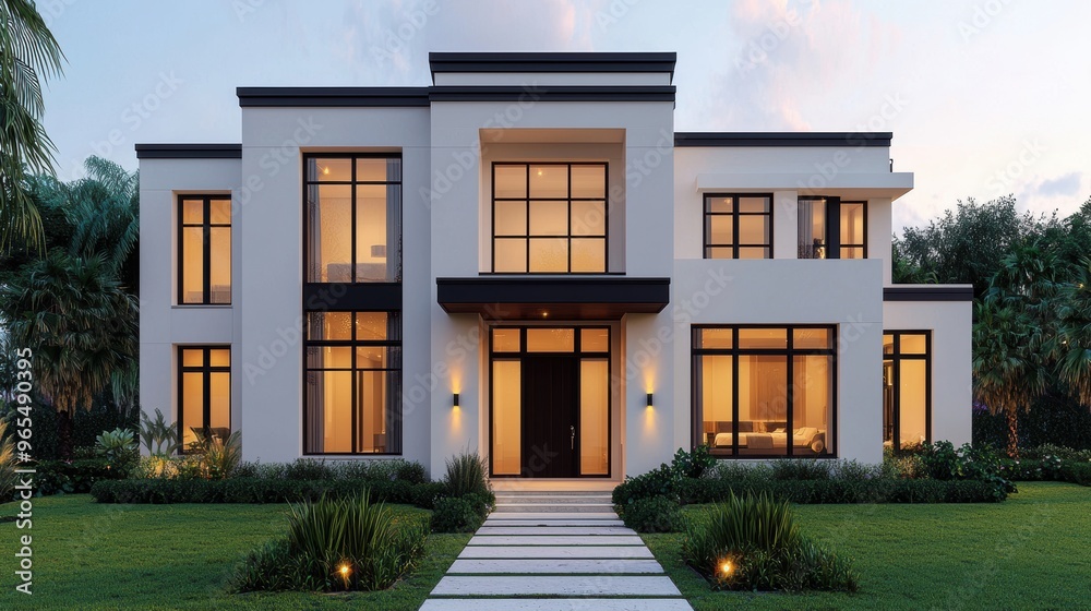 Elegant Modern Luxury Home Exterior in Evening Light - with Ray Tracing in Quality