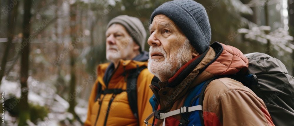 Two elderly men, warmly dressed, stand deep in the snowy woods, reflecting the joy of exploration and camaraderie in nature. Two elderly men, warmly dressed, stand deep in the snowy woods, reflecting the joy of exploration and camaraderie in nature.