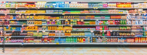 Supermarket shelves stocked with vibrant food and beverage packaging photo