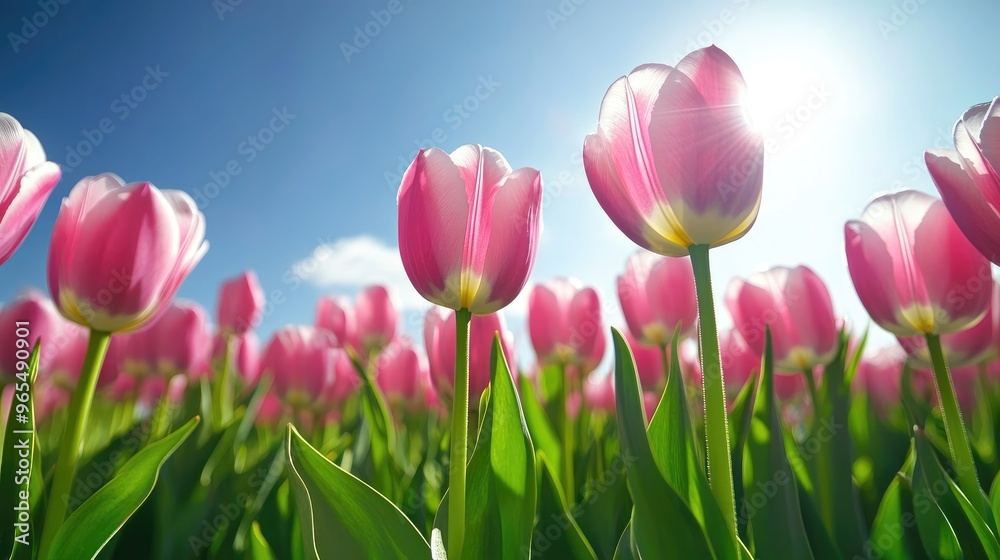 Fototapeta premium A field of pink tulips under a bright spring sky, symbolizing beauty, growth, and the arrival of spring
