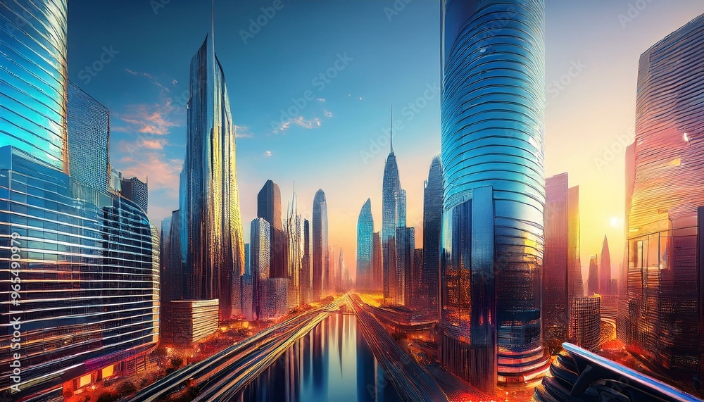 3D Render of modern city skyline with skyscrapers and office buildings 3D Render of modern city skyline with skyscrapers and office buildings