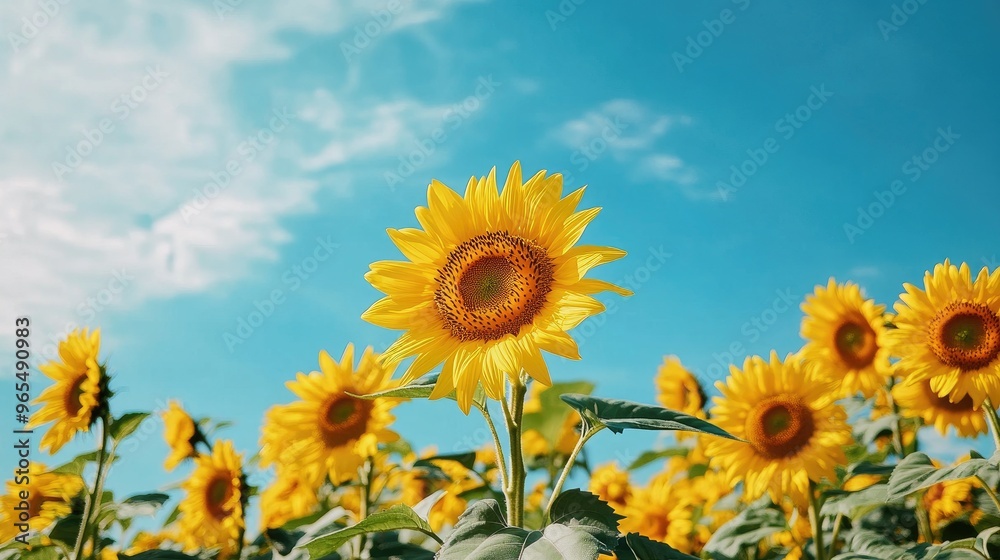 A field of yellow sunflowers under a bright blue sky, symbolizing happiness, warmth, and positivity A field of yellow sunflowers under a bright blue sky, symbolizing happiness, warmth, and positivity