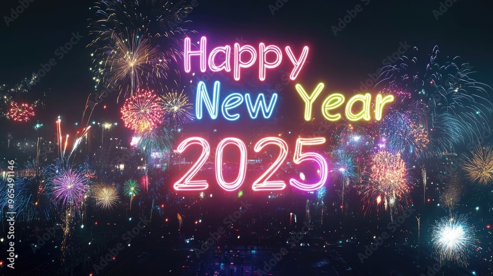 A firework-filled night sky with the glowing text A firework-filled night sky with the glowing text
