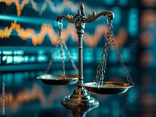 A balance scale with stock indices on one side and fundamental economic data on the other, financial equilibrium, market balance