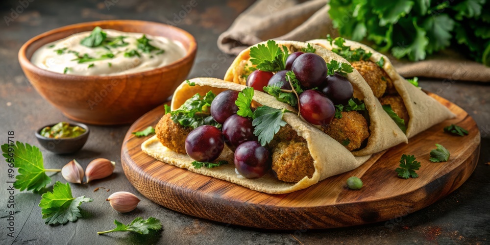 Warm pita bread overflowing with creamy tahini sauce, crispy falafel, and tender grape leaves, garnished with fresh parsley and served with a side of crunchy sumac-seasoned pita chips. Warm pita bread overflowing with creamy tahini sauce, crispy falafel, and tender grape leaves, garnished with fresh parsley and served with a side of crunchy sumac-seasoned pita chips.