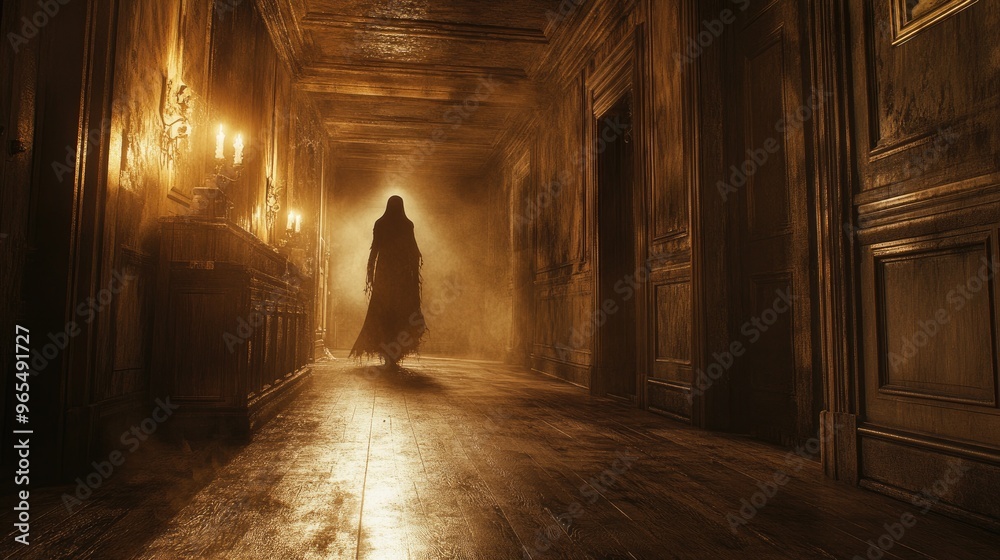 A ghostly figure drifting through a haunted hallway with cobwebs, creaky wooden floors, and flickering candlelight A ghostly figure drifting through a haunted hallway with cobwebs, creaky wooden floors, and flickering candlelight