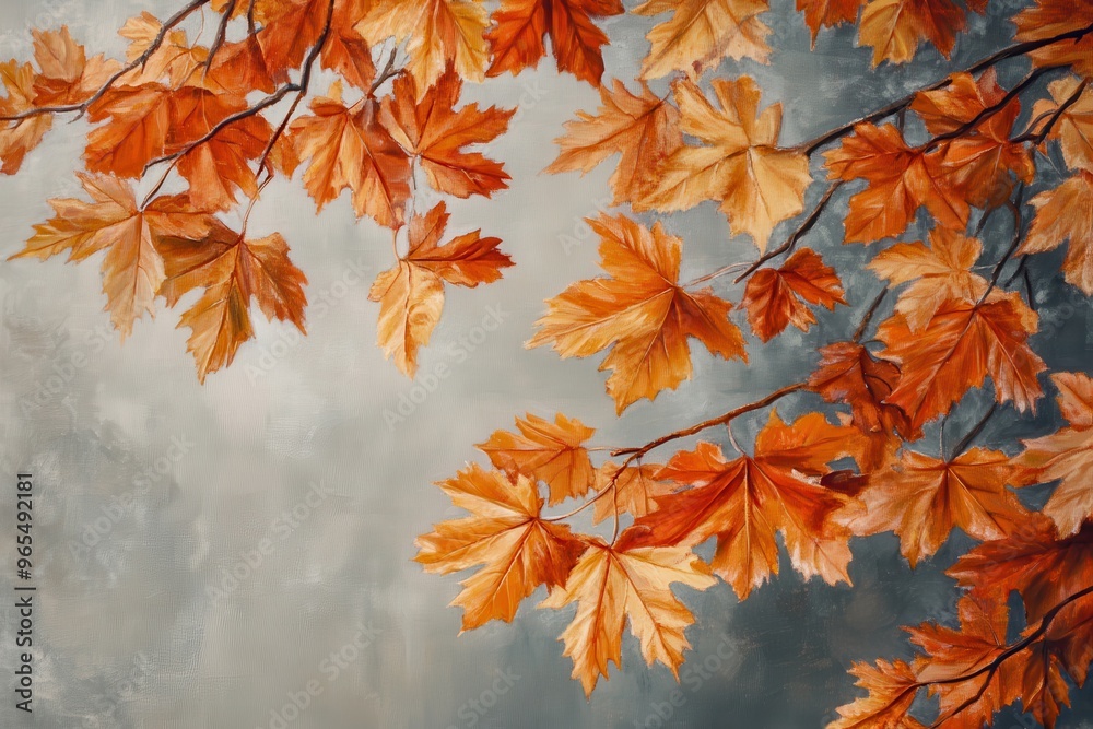 Glowing golden maple leaves brightened by daylight. Bright maple foliage showcased on a soft gray background Glowing golden maple leaves brightened by daylight. Bright maple foliage showcased on a soft gray background
