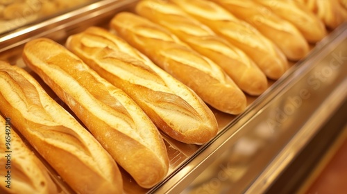 The crispy gold crust and the soft interior of a French baguette can be found in a charming Parisian bakery photo