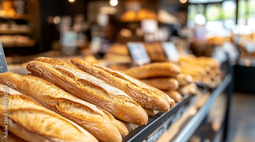 An attractive Parisian bakery displays a crispy, golden baguette with a soft interior photo