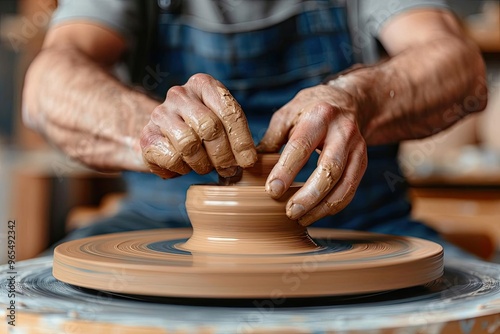 Sculptor pushing clay on a potter s wheel, closeup, hands expertly shaping, soft lighting, earthy colors, focused gaze, artistic creation, photo