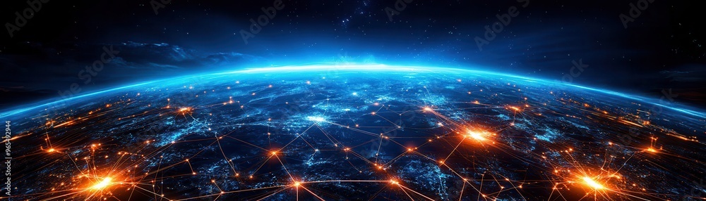 A breathtaking view of Earth from space, showcasing glowing networks and vibrant colors against the dark cosmos. A breathtaking view of Earth from space, showcasing glowing networks and vibrant colors against the dark cosmos.