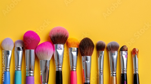 Selection of makeup brushes with colorful bristles